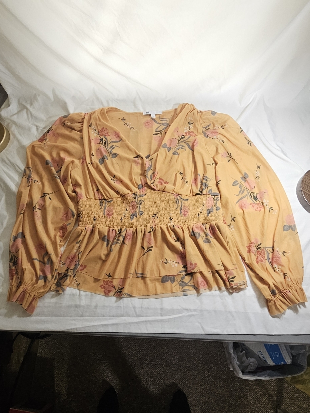 DR2 Mustard Floral Smocked Wrap Blouse